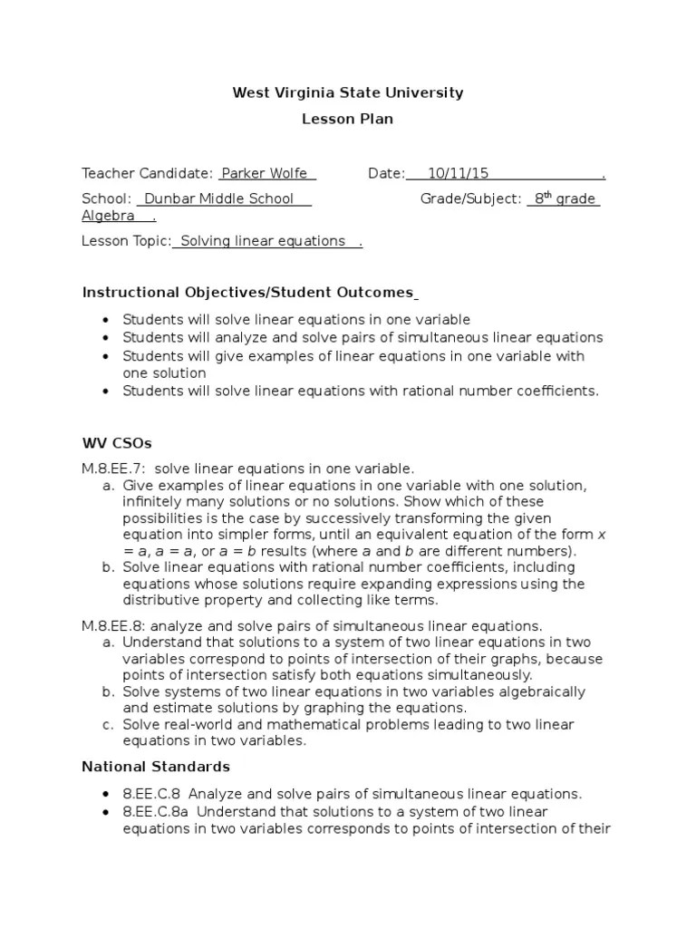 lesson plan linear equations Equations System Of Linear Equations