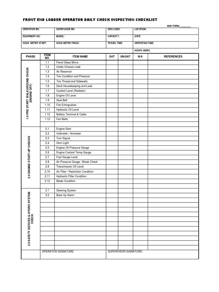 HEAVY EQUIPMENT INSPECTION CHECKLIST.pdf Radiator Tire