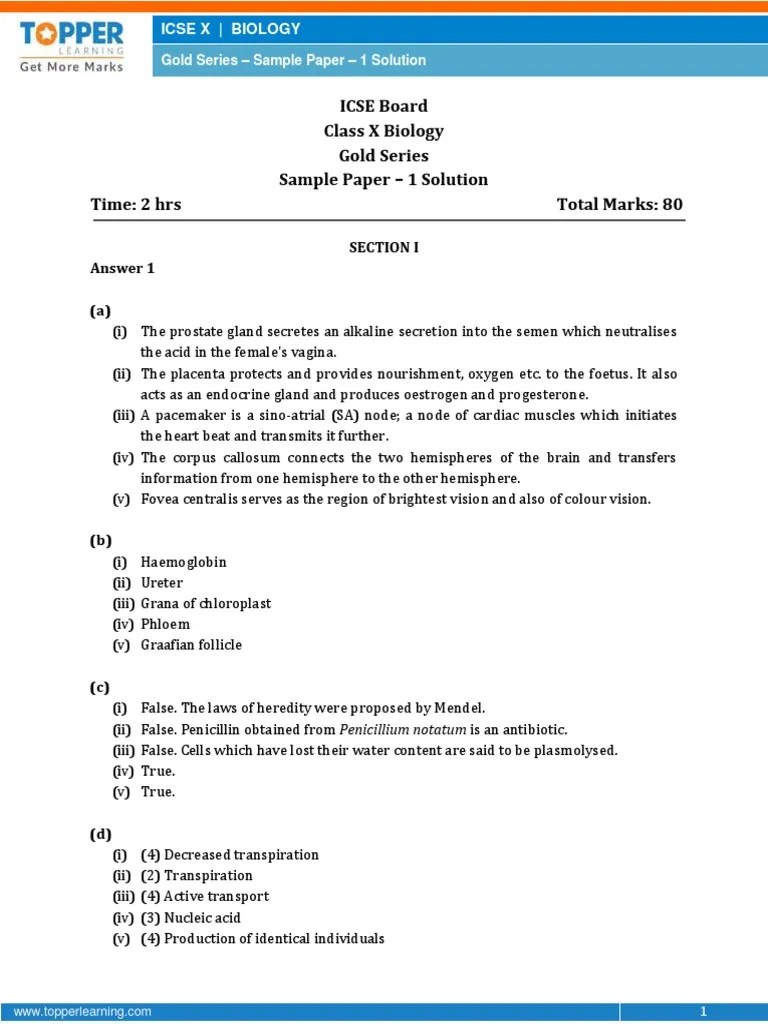 ICSEBiology Sample Paper1SOLUTIONClass 10 Question