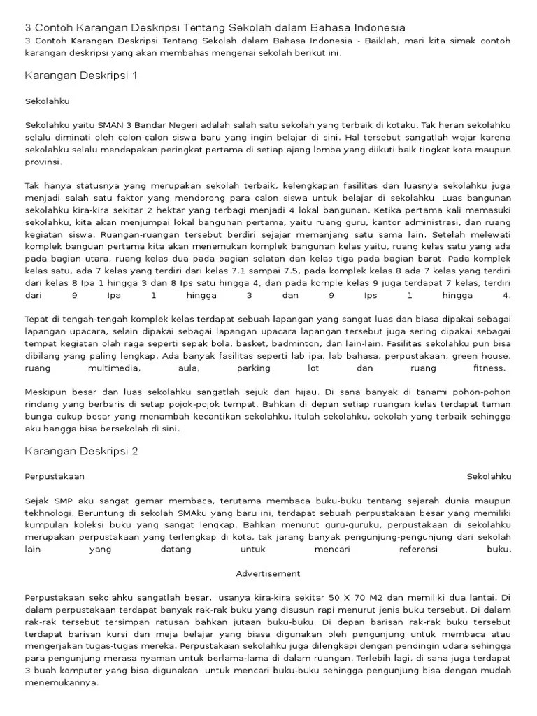 3 Contoh Karangan Deskripsi Tentang Sekolah Dalam Bahasa Indonesia | PDF