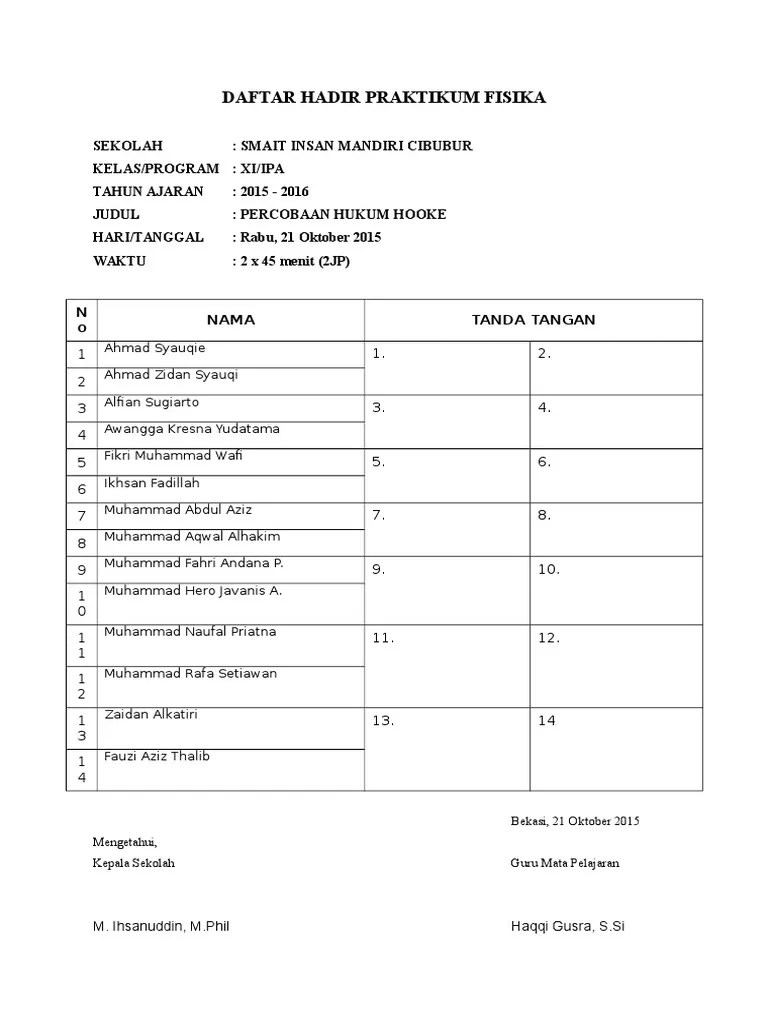 Daftar Hadir Praktikum Fisika Xi | PDF