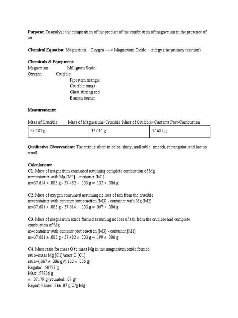 Magnesium Lab (Honors Chemistry) Magnesium Oxygen