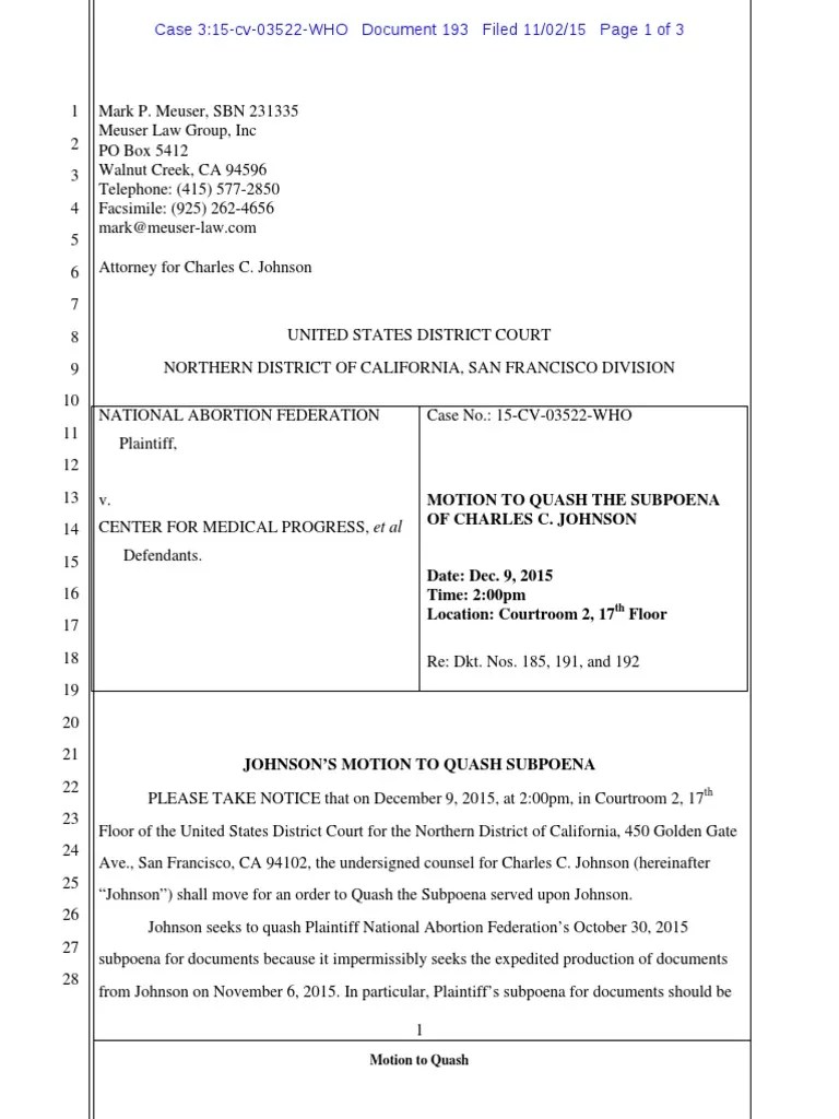 Chuck Johnson Motion To Quash Subpoena PDF Deposition (Law