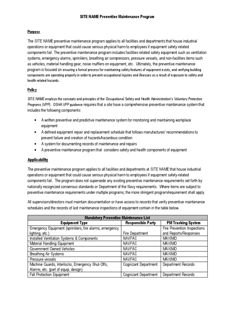 Sample Written Preventive Maintenance Program PDF Occupational