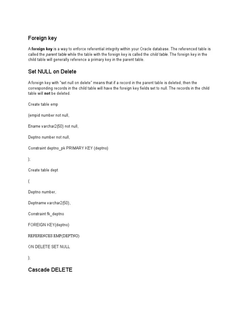Oracle foreign key, cascade delete, savepoint, view, PL/SQL basics PDF Pl/Sql Subroutine