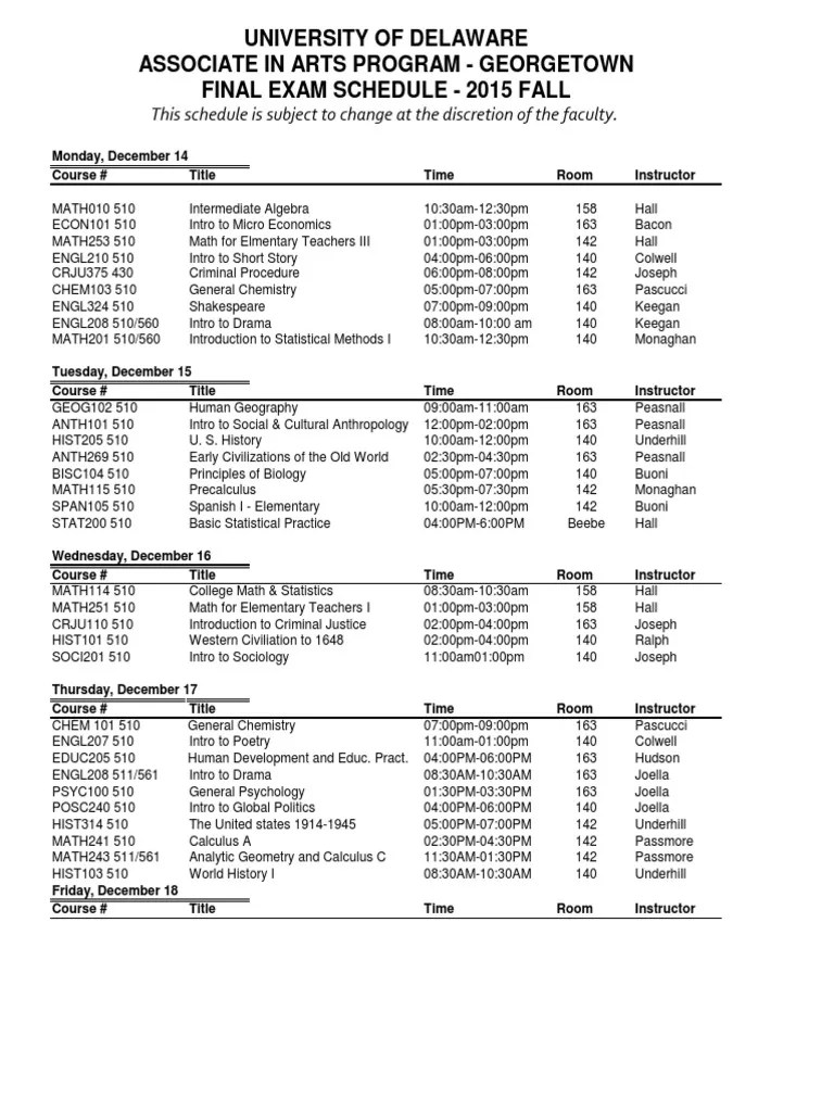 Final Exam Schedule Fall 2015 Academia Science
