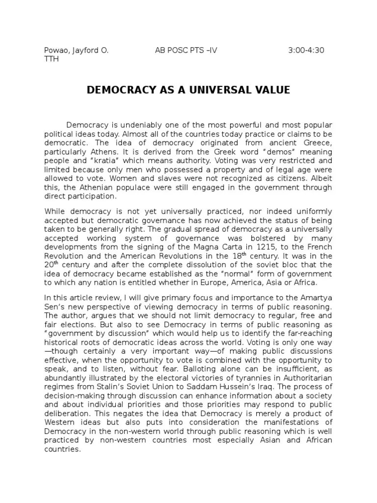 Democracy As A Universal Value PDF Western World Democracy