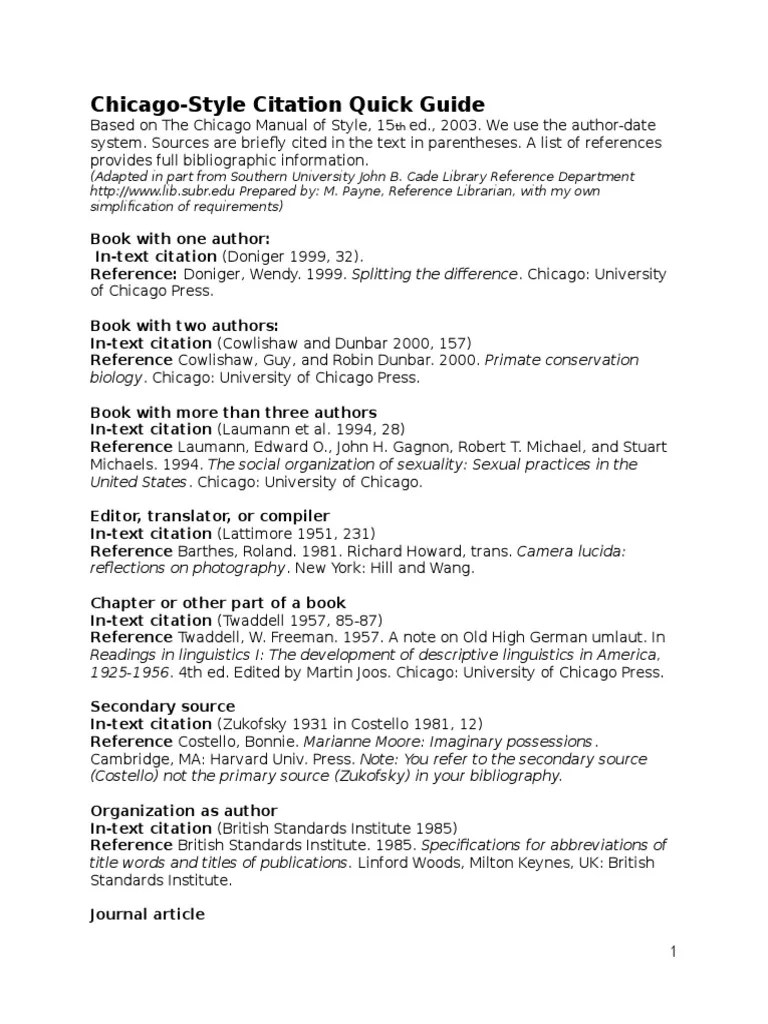 Chicago Manual of Style Quick Guide | Citation | Reference