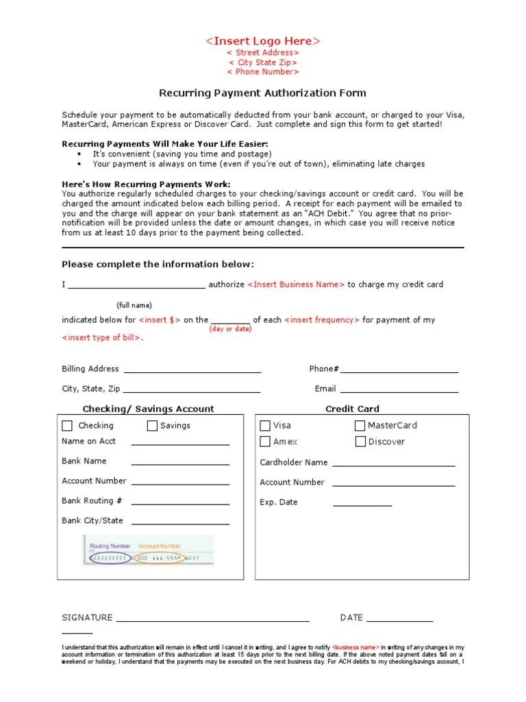 Auth Form ACH or CC Recurring Payment Payments Financial Transaction
