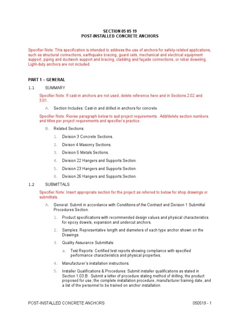 Spec Section 050519 For PostInstalled Concrete Anchors Specification