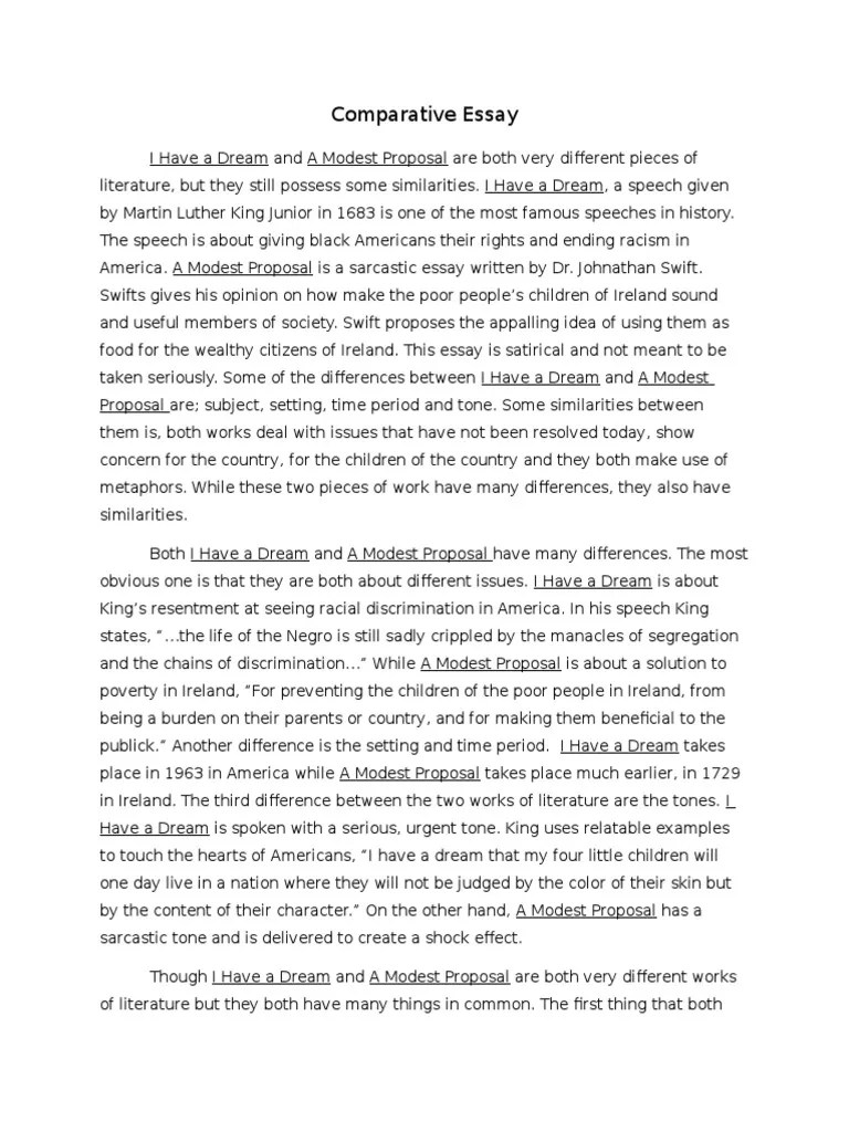 Comparative Essay I Have a Dream and A Modest Proposal Racism