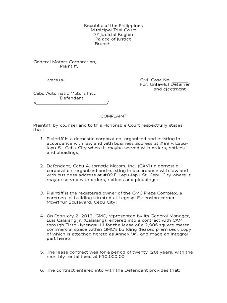 Unlawful Detainer Sample Complaint Lease Lawsuit