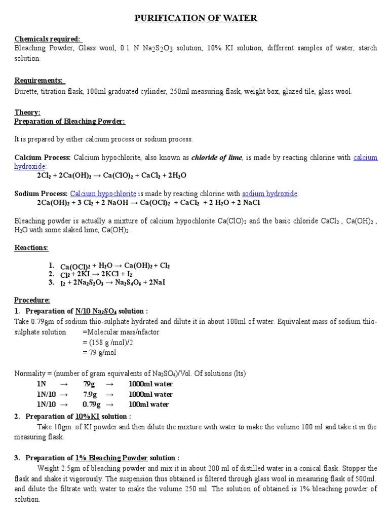 Sterilization of Water Using Bleaching Powder Bleach Chlorine