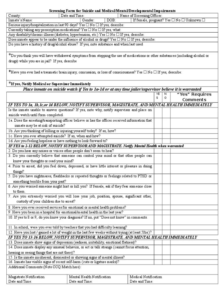 Jail Screening Form for Suicide Substance Abuse Suicide Free 30