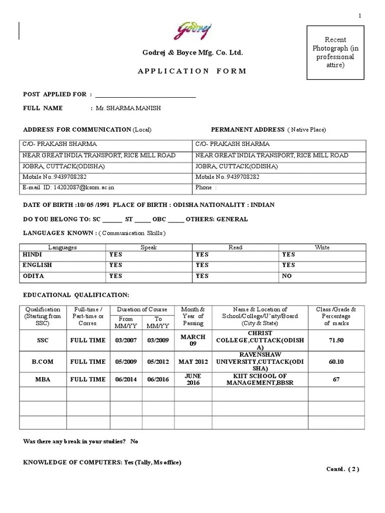 Godrej & Boyce Mfg. Co. Ltd. Application Form Recent Photograph (In