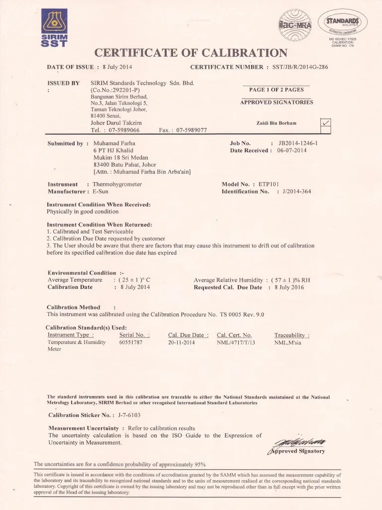 Thermohygrometer Calibration Certificate Calibration Metrology