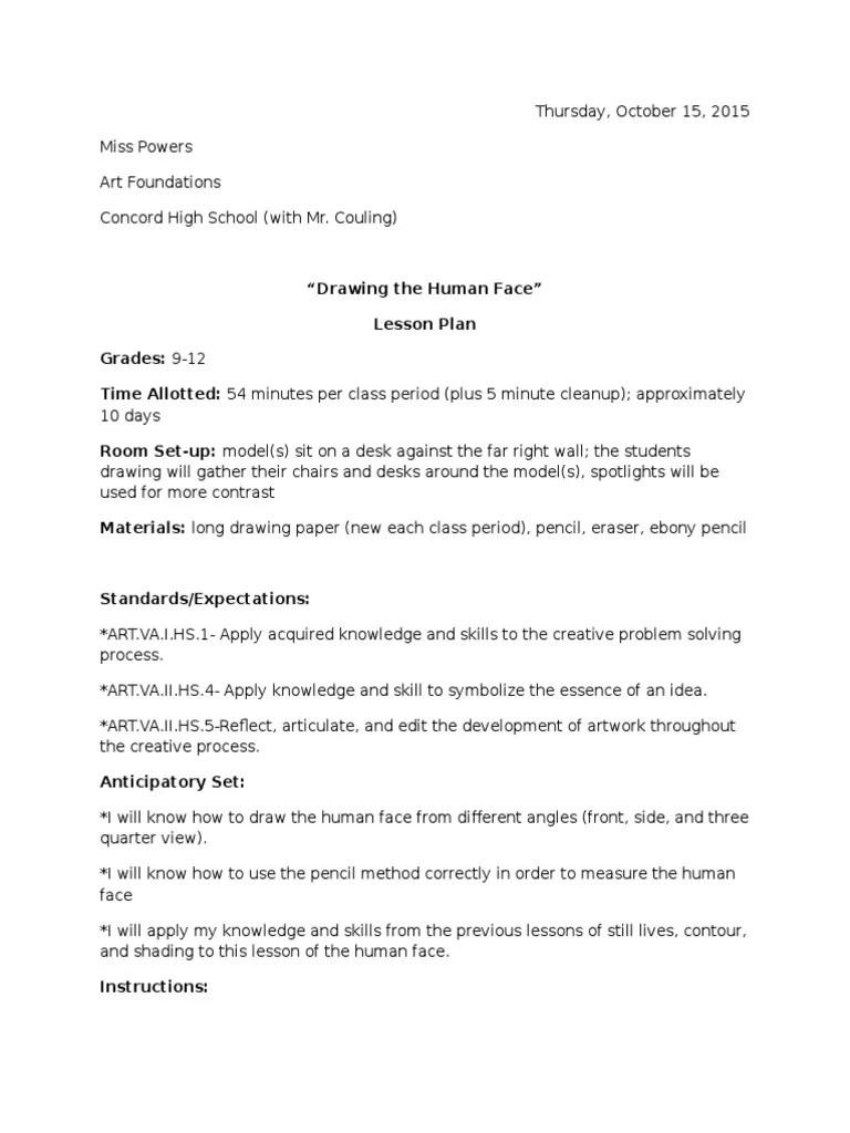 Human Face Lesson Plan PDF Classroom Lesson Plan