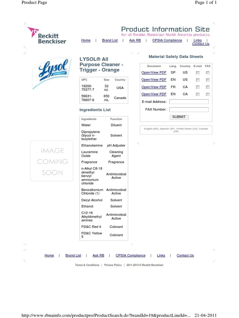 Lysol® All Purpose Cleaner Trigger Orange Material Safety Data