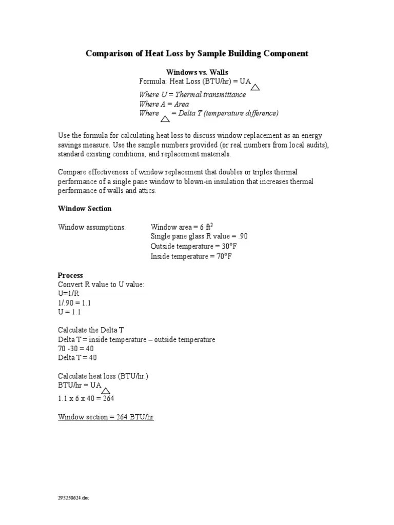 Heat Loss Calculation Worksheet | Heat Transfer | Window