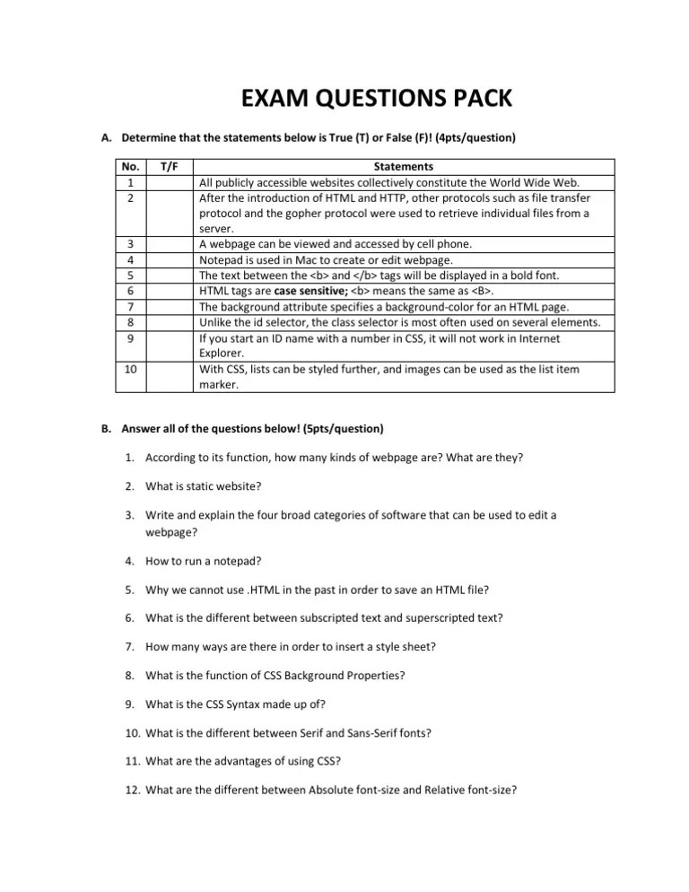 HTML Exam Questions Pack PDF  Page Cascading Style Sheets