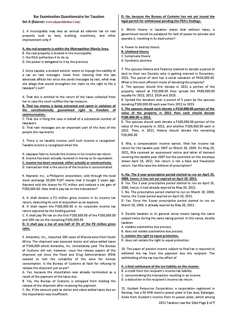 2011 Taxation Bar Exam Questions and Answer PDF
