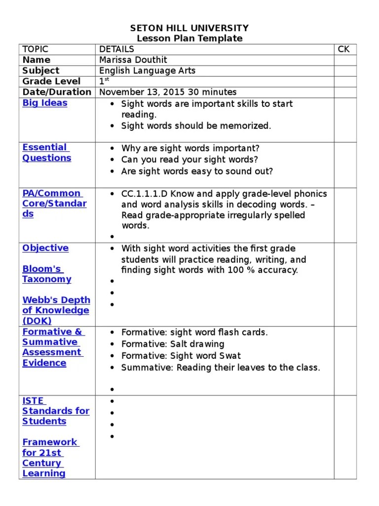 1st grade sight words | Lesson Plan | Reading (Process)