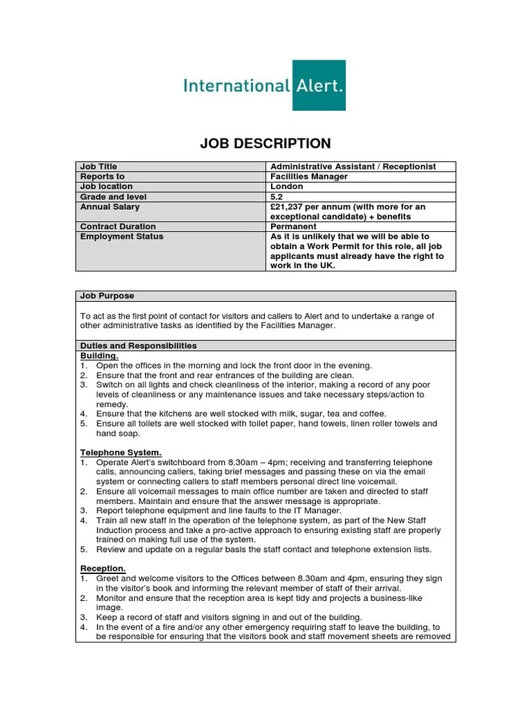 Admin Assistant Receptionist Job Description Employment Salary