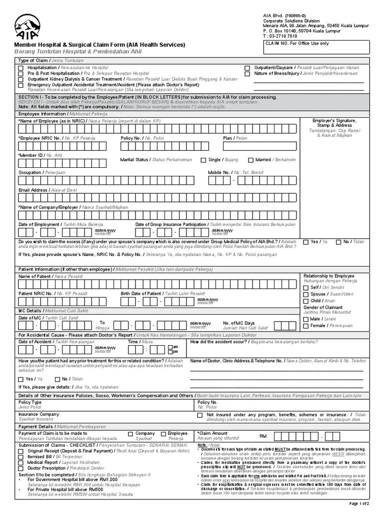 Borang Tuntutan Hospital & Pembedahan Ahli Member Hospital & Surgical Claim Form (AIA Health
