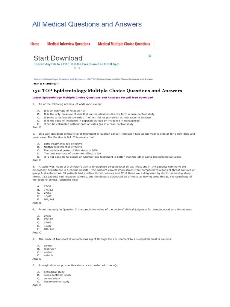 130 TOP Epidemiology Multiple Choice Questions and Answers _ All
