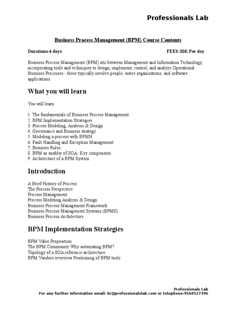 Business Process Management (BPM) Course Outline