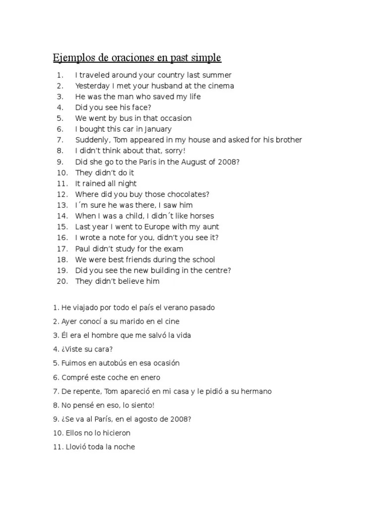 Ejemplos de Oraciones en Past Simple Fumar tabaco Prueba gratuita de 30 días Scribd