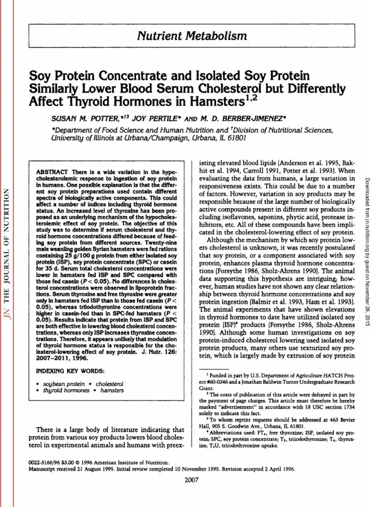 Soy Protein Concentrate and Isolated Soy Protein Similarly Lower Blood