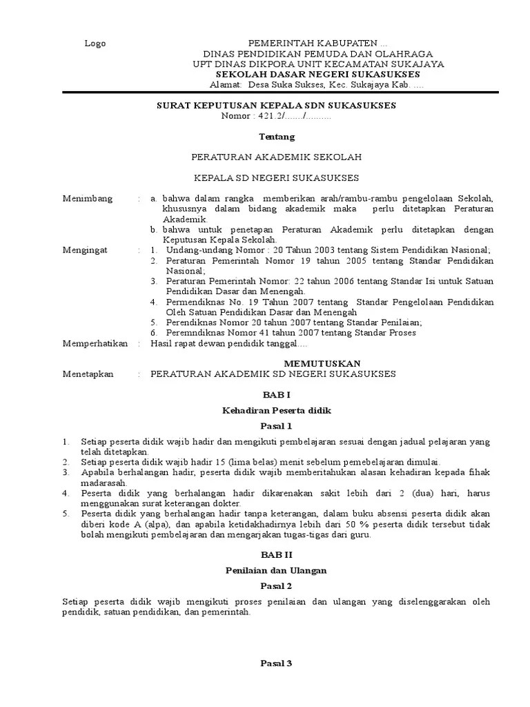 Contoh Peraturan Akademik Sekolah