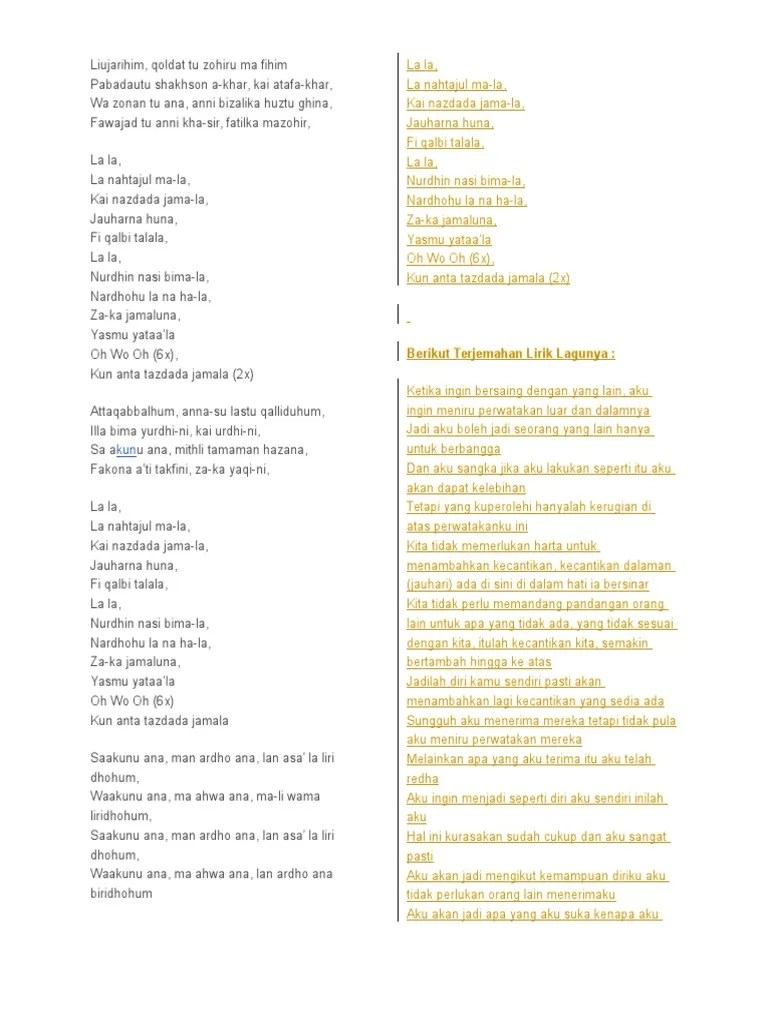 Lirik Lagu Kun Anta Yg Bahasa Indonesia