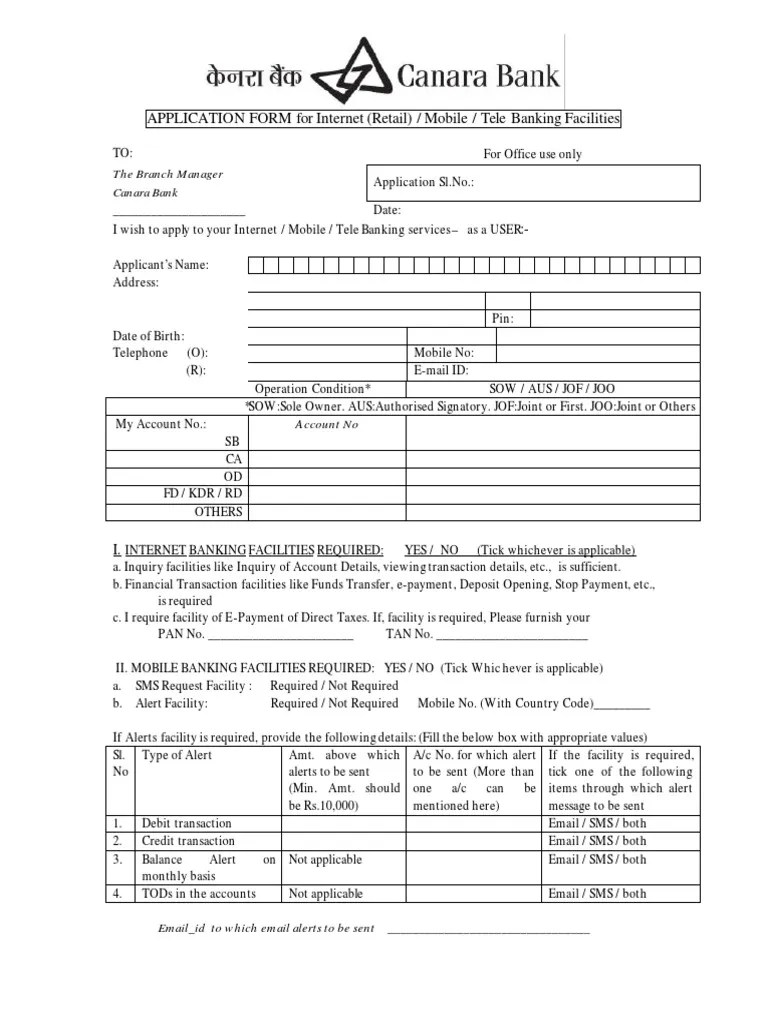 Canara Bank Netbanking Form PDF Online Banking Banks & Banking