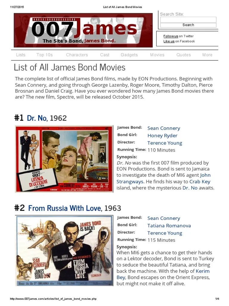 List of All James Bond Movies James Bond In Film James Bond