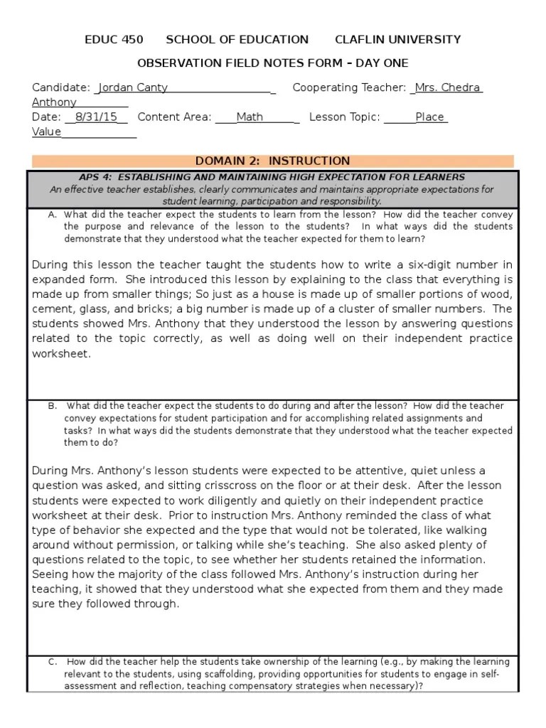 Observation Field Notes Form Teachers Classroom