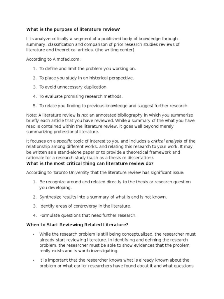 What is the Purpose of Literature Review Literature Review Citation
