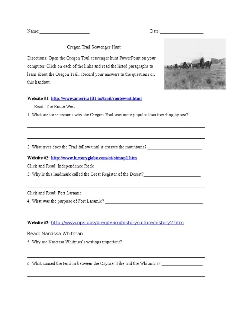 Oregon Trail Worksheet