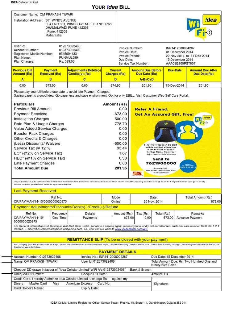 Inr Idea Wifi Bill Invoice Cheque