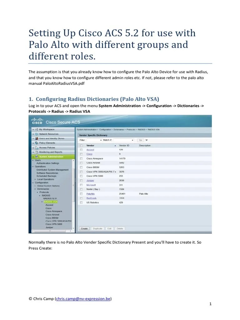 Configuring Cisco ACS 5.2 For Use With Palo Alto VSA PDF Radius