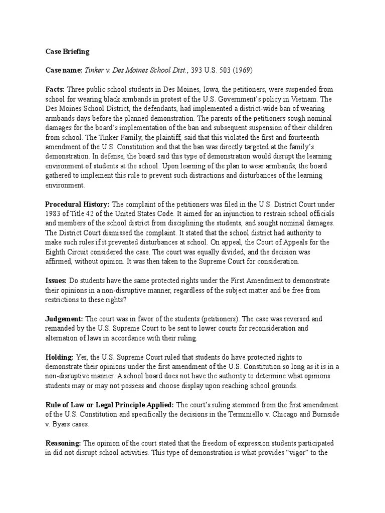 Case Briefing Tinker v. Des Moines PDF First Amendment To The