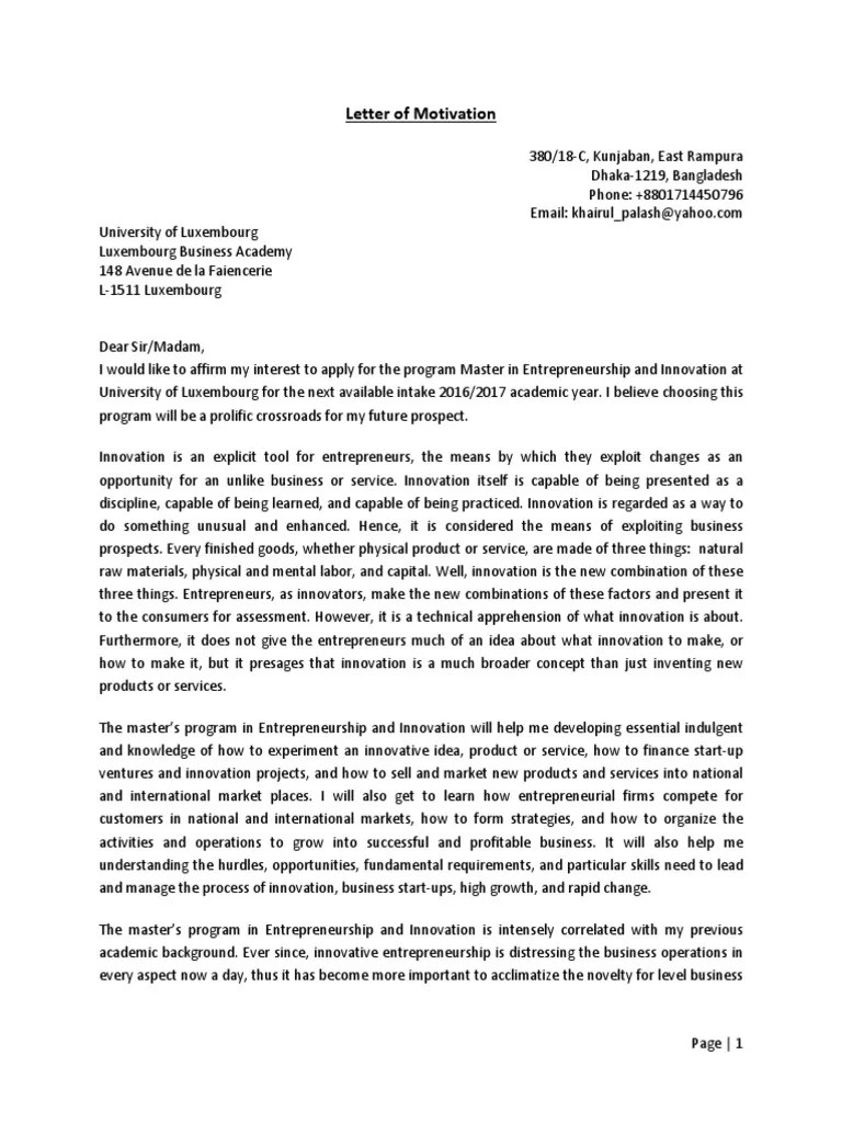 Letter of Motivation Entrepreneurship Innovation