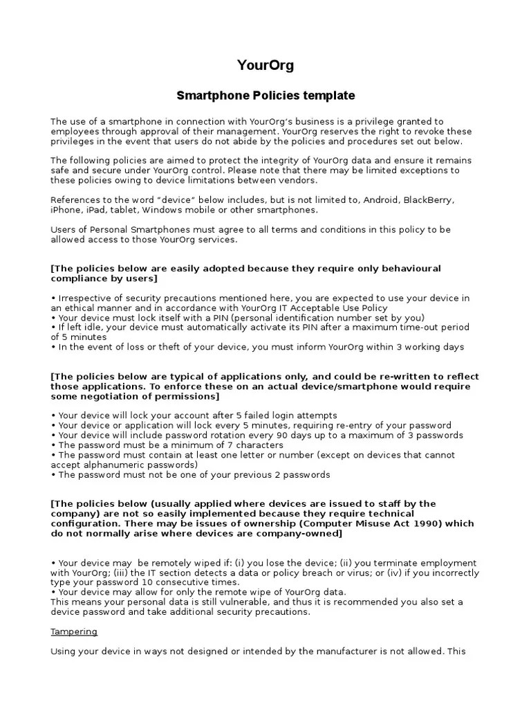 BYOD Policy Template Password Smartphone