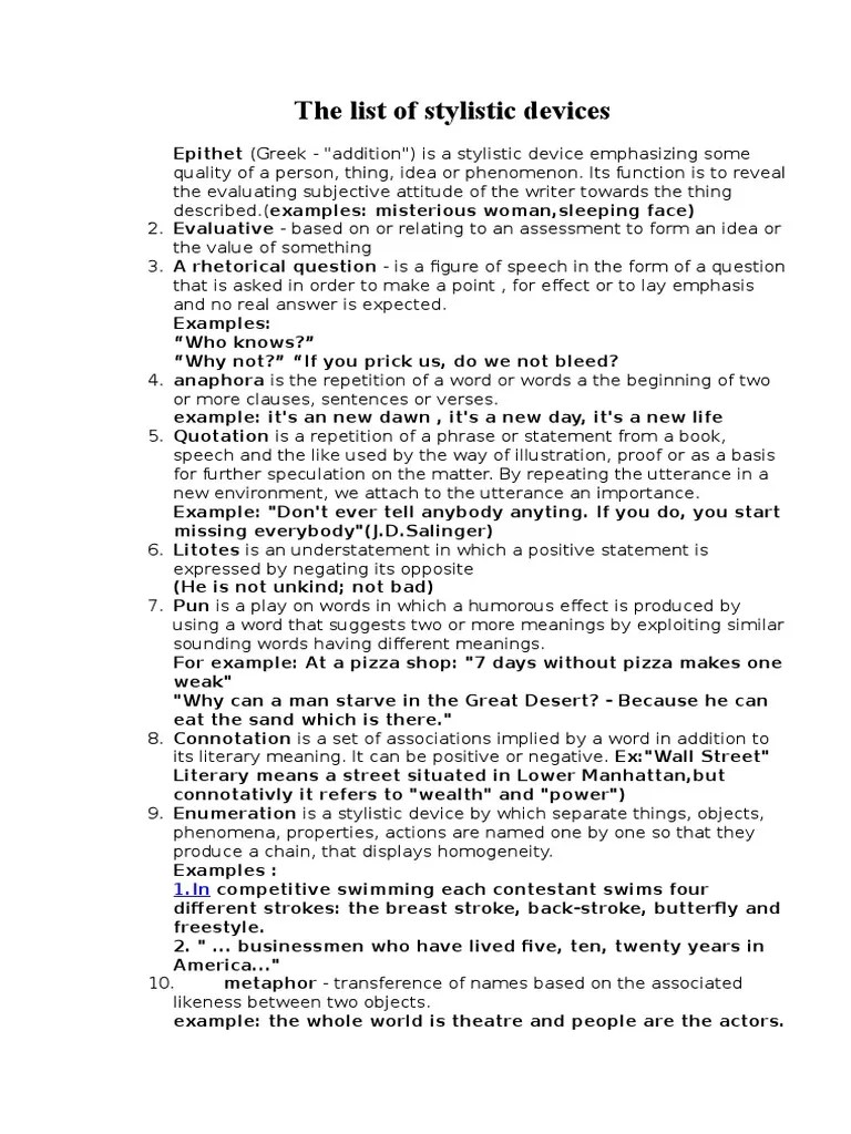 The list of stylistic devices Sentence (Linguistics) Metaphor