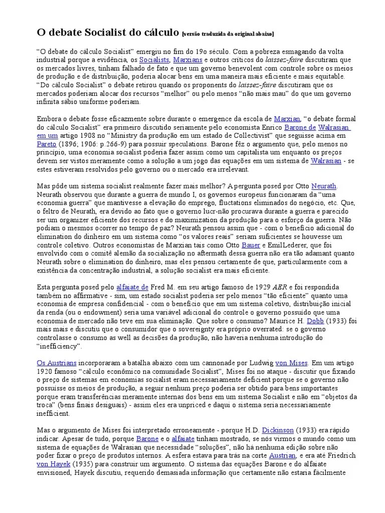 The Socialist Calculation Debate Economia de Mercado Capitalismo
