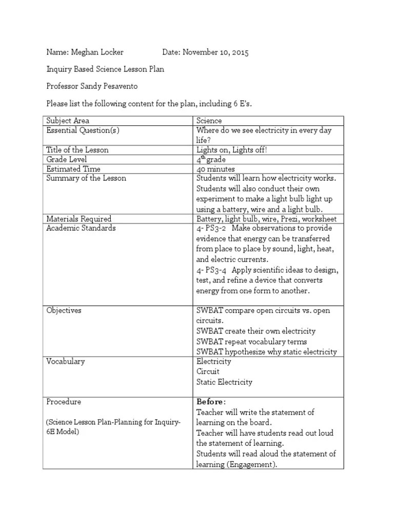 Science Inquiry Lesson Plan Electricity Educational Technology