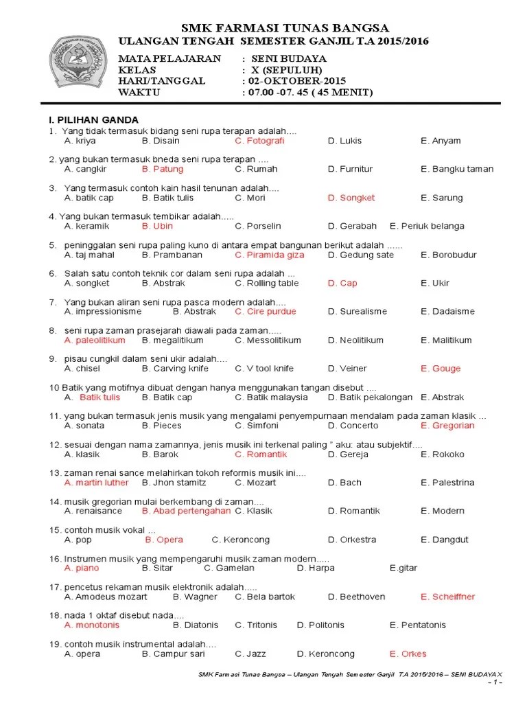 Soal Uts Seni Budaya Kelas x