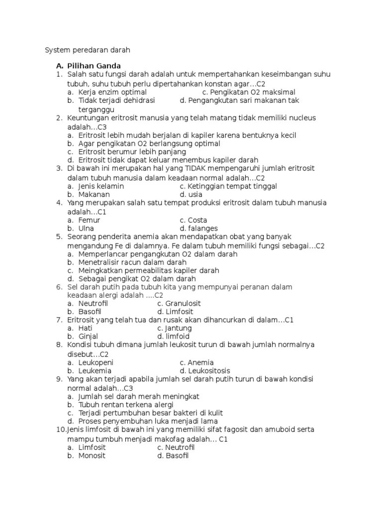 Soal Dan Jawaban Peredaran Darah Kelas 8 | Bagikan Kelas