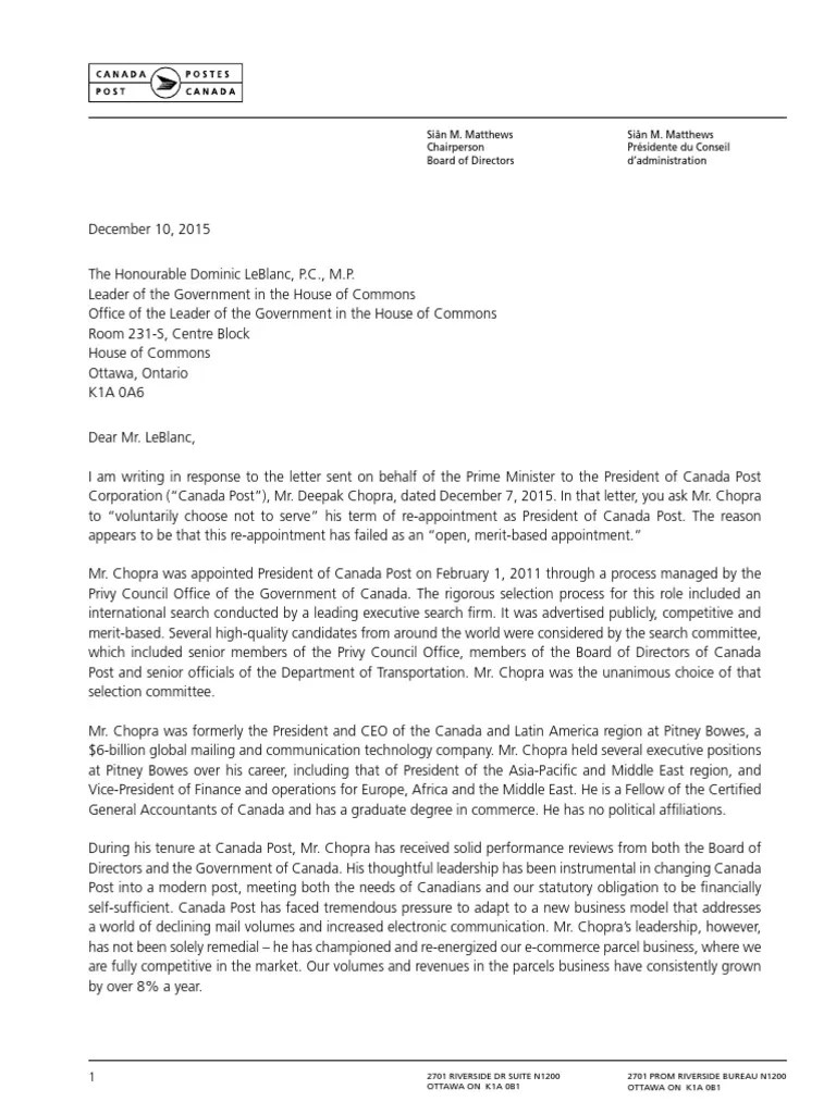 Canada Post Board of Directors responds to Prime Minister's letter